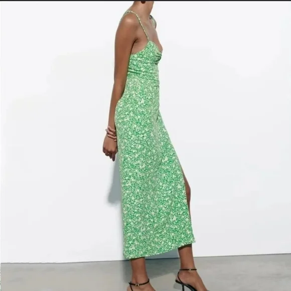 Zara 90s floral print green strappy split skirt maxi dress NWT Large - Picture 1 of 16